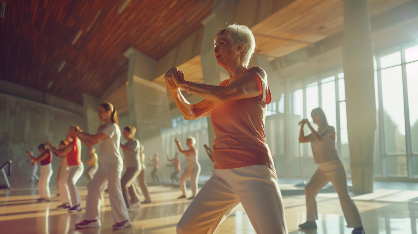 Група активних пенсіонерів на груповому занятті фітнесом